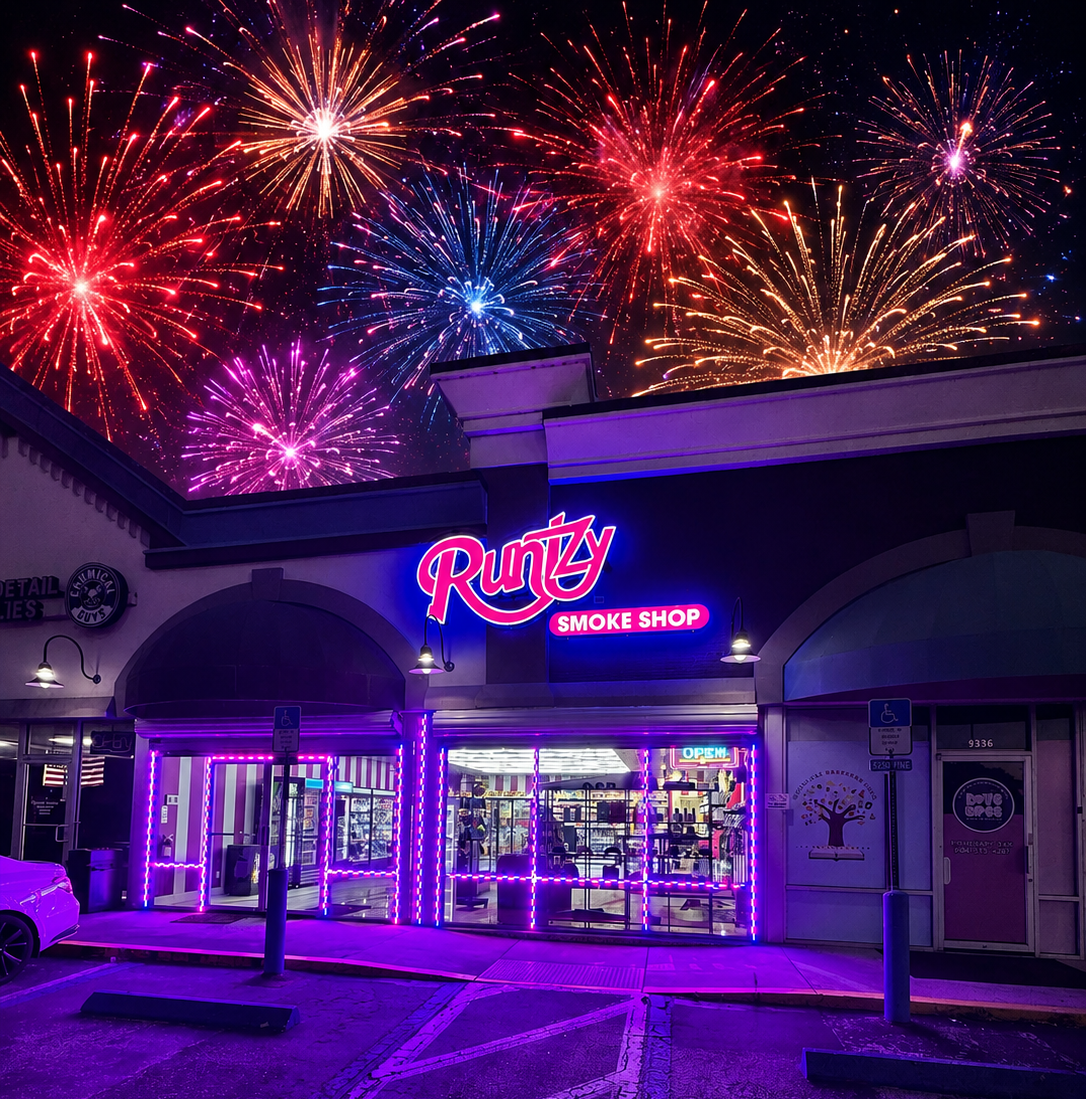 Runtzy Smoke Shop storefront in Jacksonville, FL glowing with purple neon lights at night